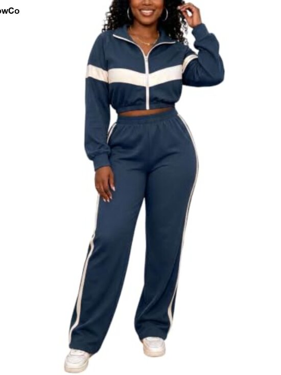 Tops - Women 2 Piece Outfit Zip Up Crop Jacket Flare Pants Workout Set